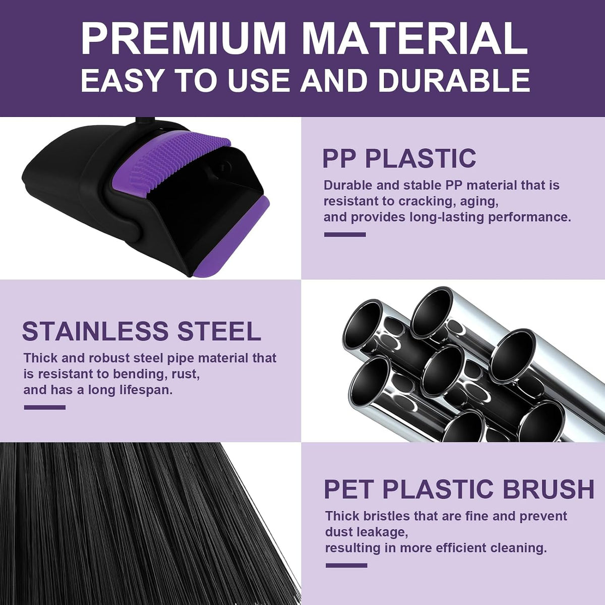 Broom with Dustpan Combo Set, 51" Household Dustpans and Broom, Standing Dust Pan Set for Home, Purple Cleaning Set for Kitchen Lobby Indoor Outdoor