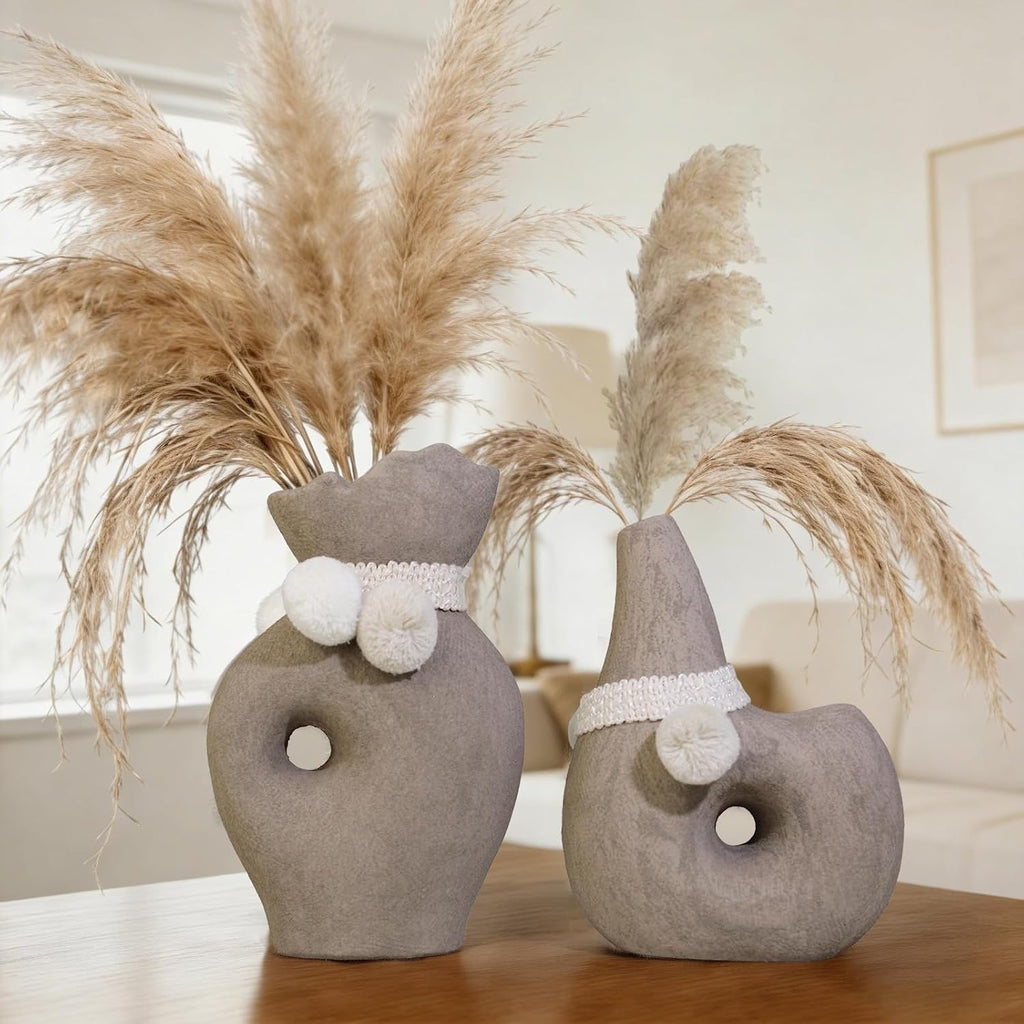 Gray Terracotta Vase, Boho Geometric Hollow Decor with Pom-Pom