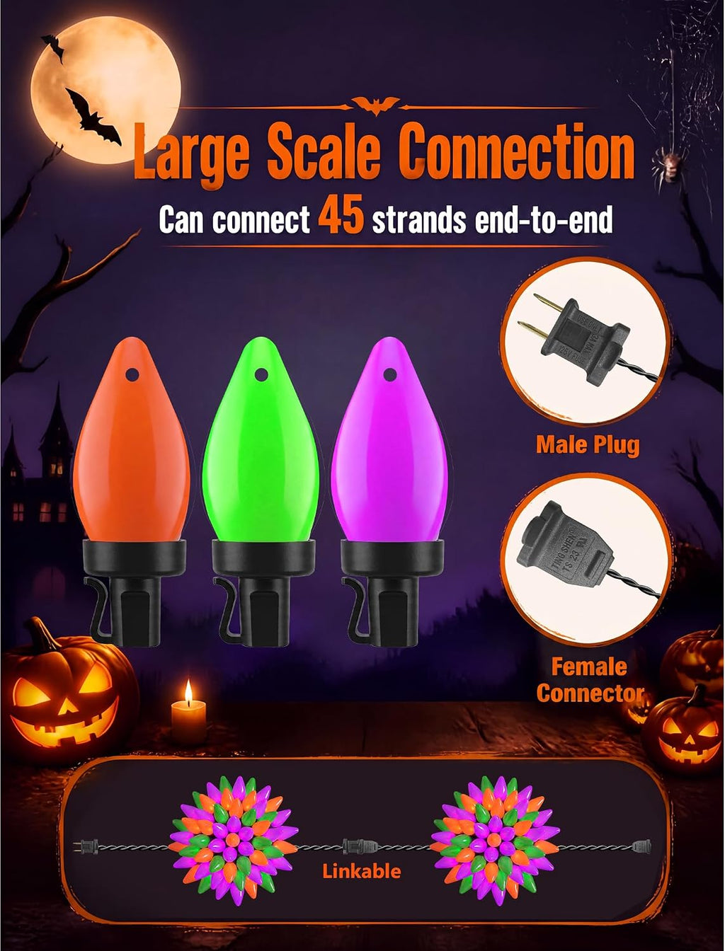 26FT Halloween C7 LED String Lights, 50 Orange Green Purple Opaque Lights