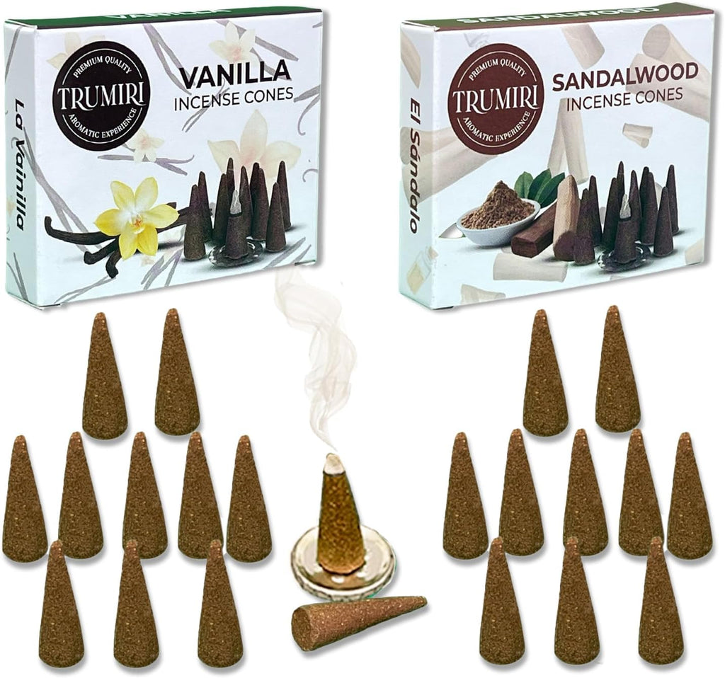 TRUMIRI Incense Cones - Combo Pack of 20 Cone Incense - 10 Vanilla + 10 Sandalwood - Insence Cones - Incense Cones Scented - Cone Incense Scents - Insense Cones - Incent Cone