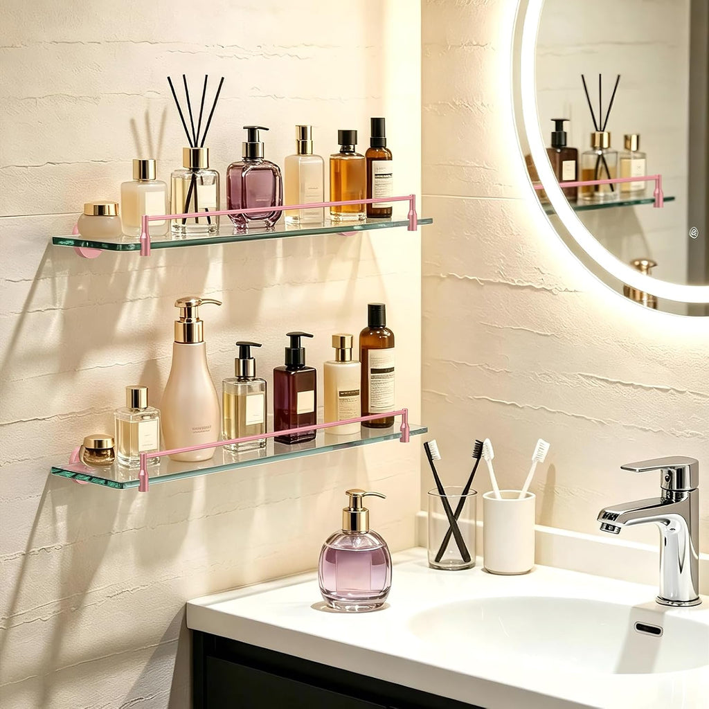 20-Inch Pink Glass Bathroom Shelf with Stainless Steel Railing