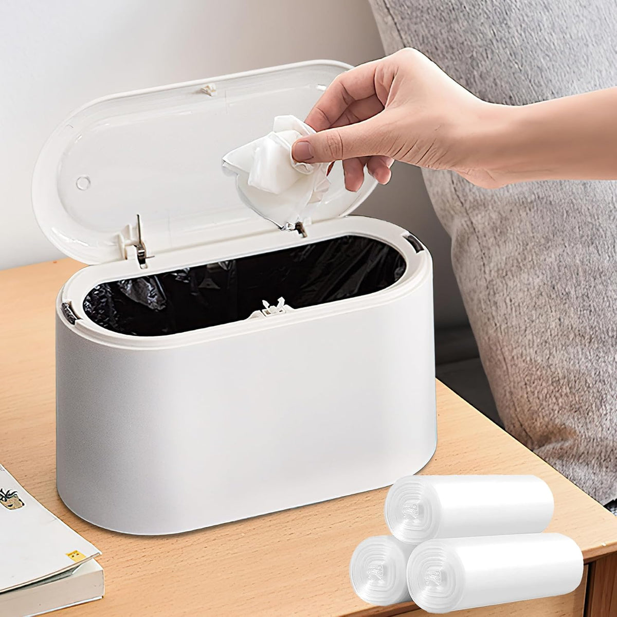 Mini Trash Can with Lid Removable Small Garbage Can, Tiny Plastic Trash Bin, Pop Up Countertop Wastebasket, Counter Garbage Lint Bin for Bathroom,Office,Kitchen,Desk(White)