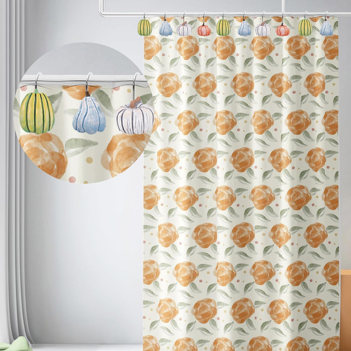 JarThenaAMCS 12 Pcs Fall Pumpkin Shower Curtain Hooks 4 Designs Curtain Hanger Hooks Autumn Thanksgiving Shower Rod Rings for Living Room Bedroom Bathroom Decor