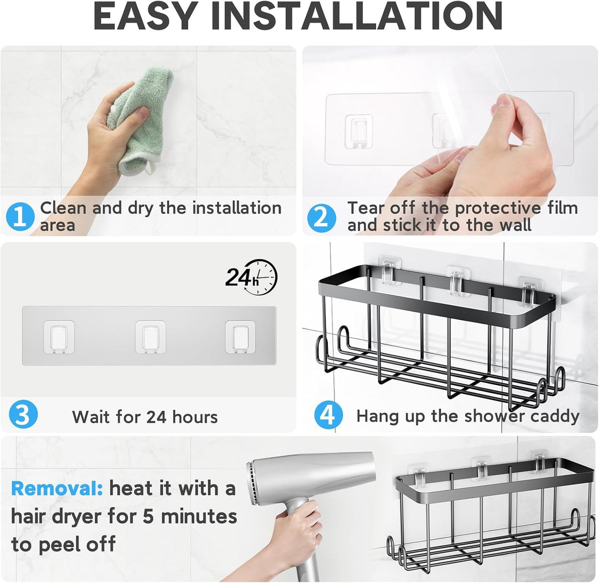 14 Pack Shower Caddy Adhesive Replacement, Waterproof Shower Shelf Adhesive Strips, Strong Adhesive Flat Hooks for Bathroom Storage Shelves and Kitchen Racks No Drilling, Clear