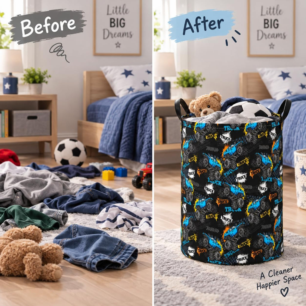 Truck Print Laundry Hamper, Collapsible Storage Basket with Handles