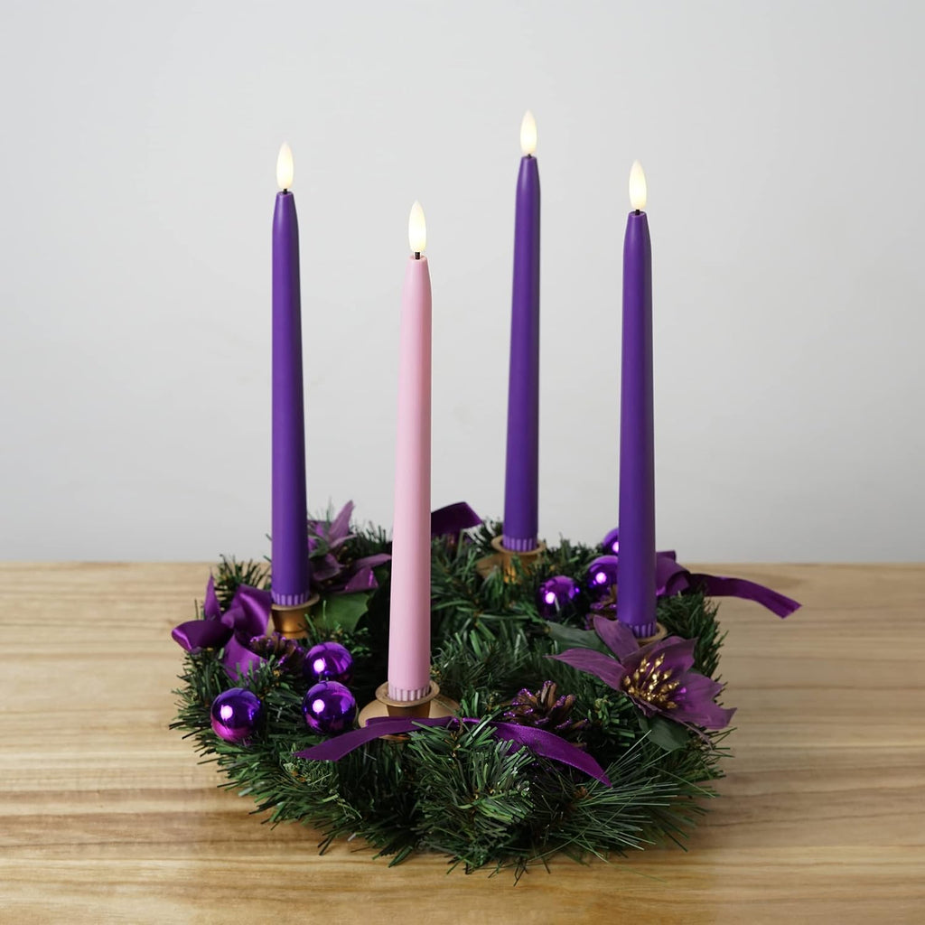 Stmarry Flameless Advent Candles, Set of 4 - Flickering LED Flame, 11 Inch Taper Candlesticks, Remote Controlled, Purple and Pink for Christmas Wreath