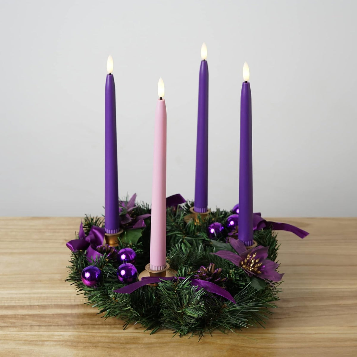 Stmarry Flameless Advent Candles, Set of 4 - Flickering LED Flame, 11 Inch Taper Candlesticks, Remote Controlled, Purple and Pink for Christmas Wreath