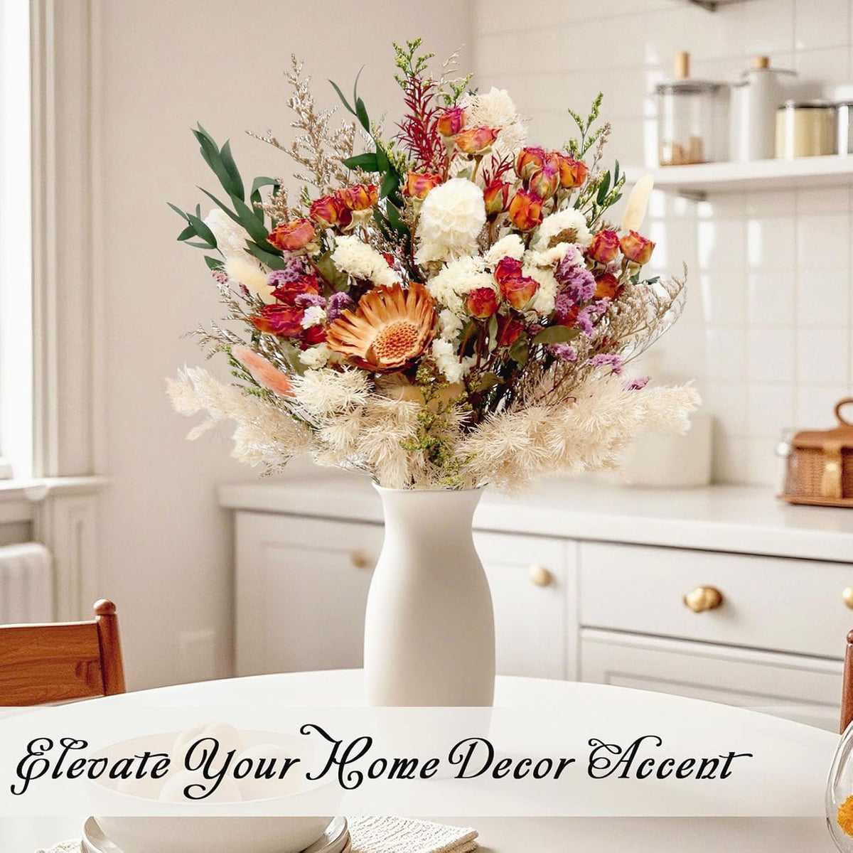 17" Dried Flower Bouquets, 100% Natural Dried Flowers with Dried Roses,Bunny Tails,Chrysanthemum Flowers Decor for Vase Rustic Boho Home Decor,Party Fall Decor for Wedding Gift