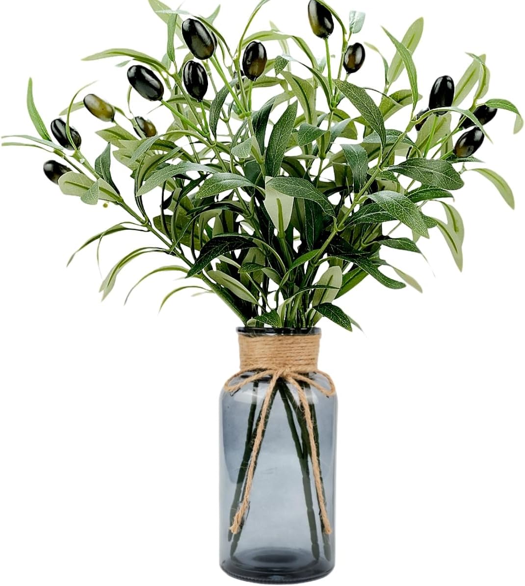 Artificial Plants Olive Branch in Glass Vase, 14.5” Fake Plant Greenery Stems with Olive Branches Faux Eucalyptus Stems for Home Office Farmhouse Wedding Table Centerpiece Décor, Gray Vase