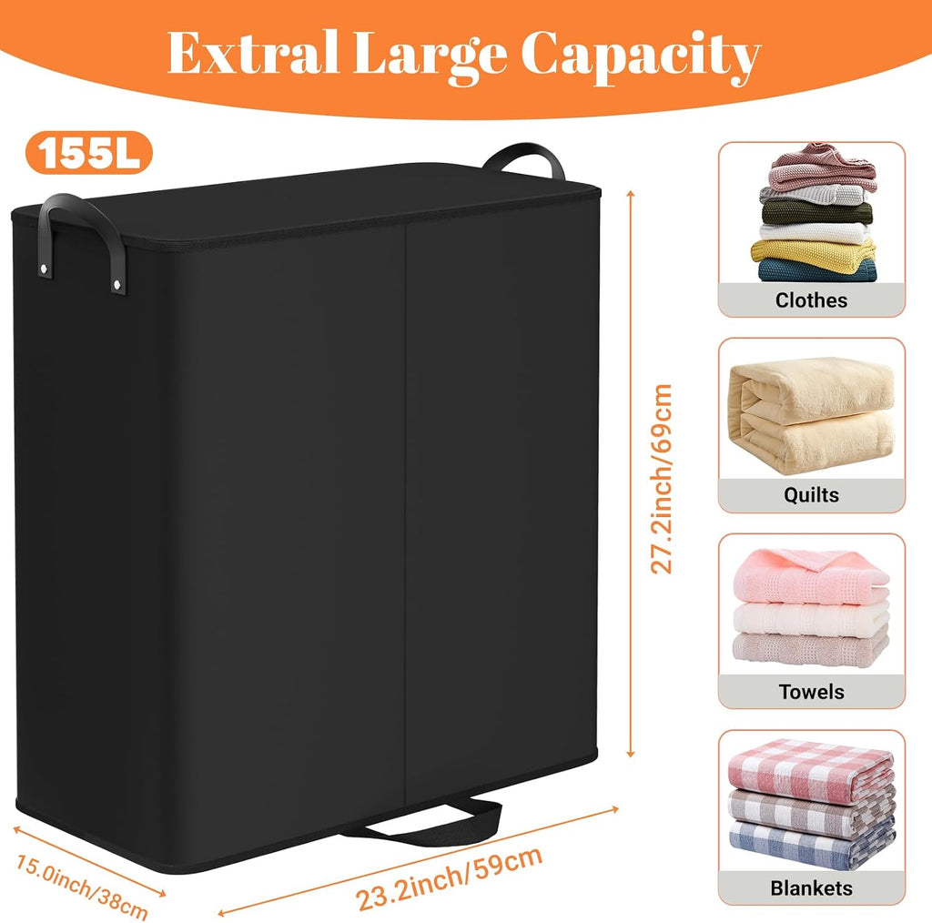 155L 2 Section Laundry Hamper with Lid, Laundry Basket, Black