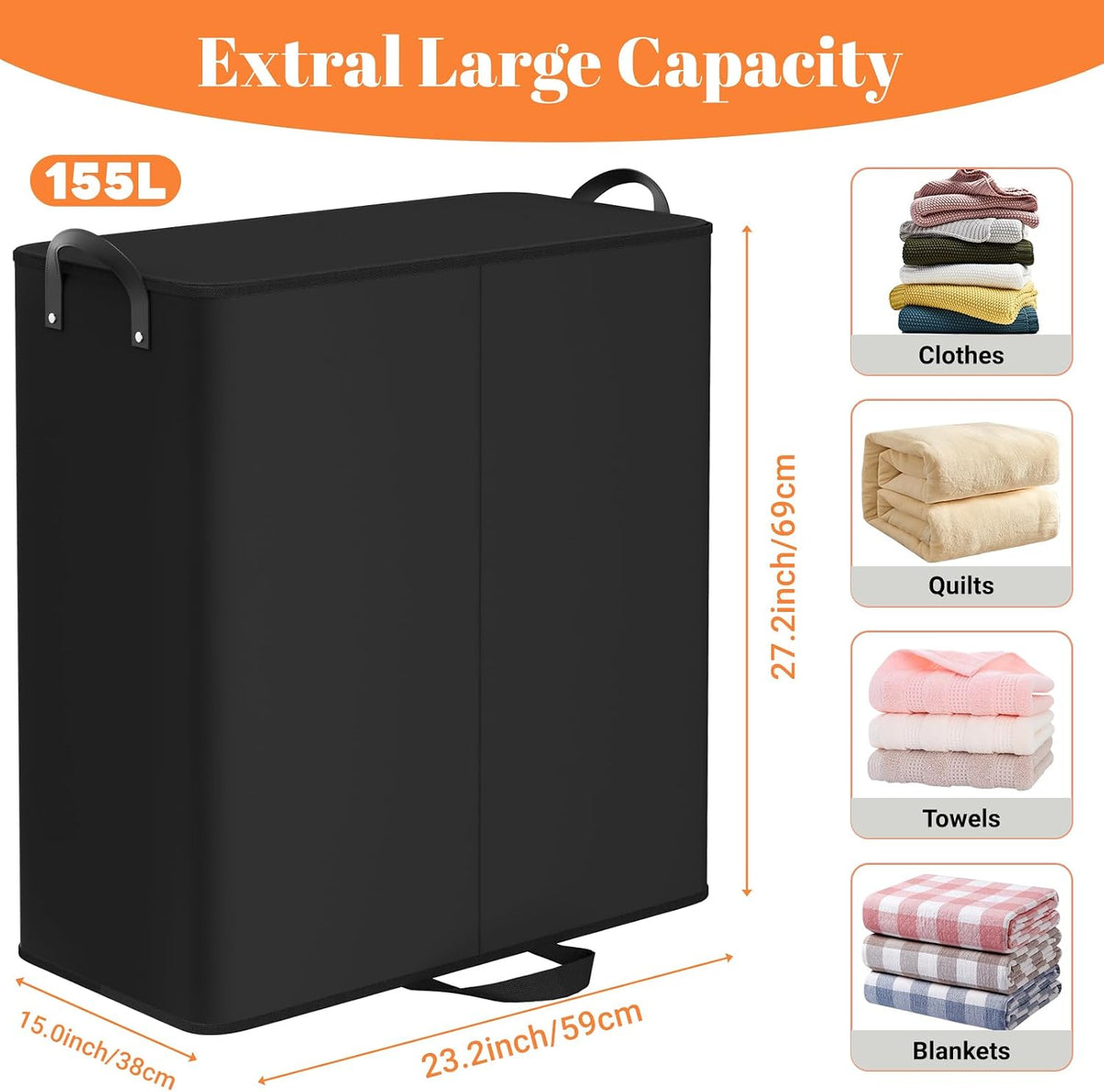 155L 2 Section Laundry Hamper with Lid, Laundry Basket, Black