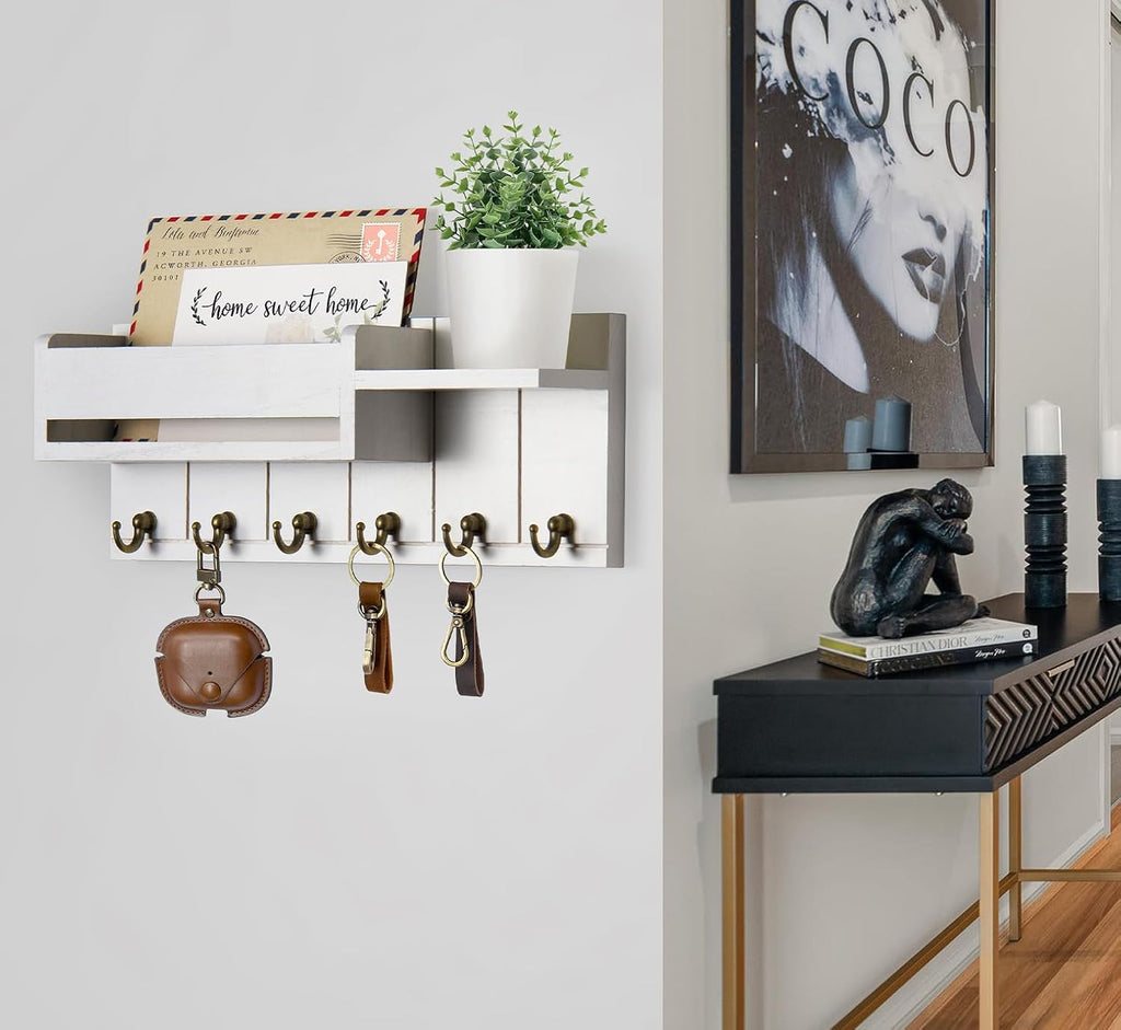 RelaxScene Key Holder Wall Mount - Key Hooks for Wall Decor Living Room - Wooden Key Hanger Rack and Mail Organizer with Shelf for Home Essentials - Modern Entryway House Decor Aesthetic