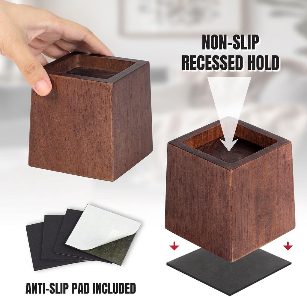 3 Inch Height Heavy Duty Wood Bed Risers – 4 Pack Wood Furniture Risers Extenders for Bed, Sofa&Table, Support Up to 2200lbs, Non-Slip Recessed Hole Furniture Lifts for Storage (Retro Brown Color)