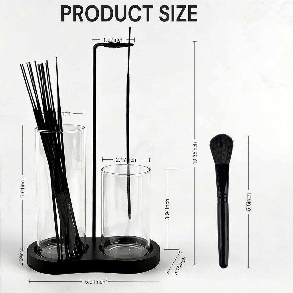 2 in 1 Black Incense Holder for Sticks with Glass Ash Catcher, Anti-Ash Incense Burner for Yoga Meditation Spa, Sleek Minimalist Decor & Incense Holder for Men, Includes Ash Brush