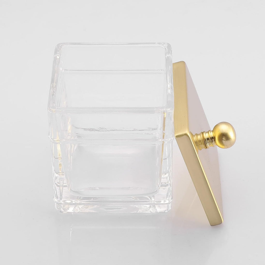 Glass Cotton Jar Holder 2 Pack– Brushed Gold Lid, Elegant Bathroom Storage Canister for Qtips, Cotton Balls, Floss, Makeup Organizer, Vanity & Bathroom Organization