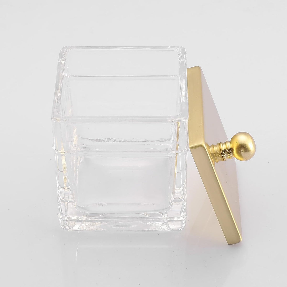 Glass Cotton Jar Holder 2 Pack– Brushed Gold Lid, Elegant Bathroom Storage Canister for Qtips, Cotton Balls, Floss, Makeup Organizer, Vanity & Bathroom Organization