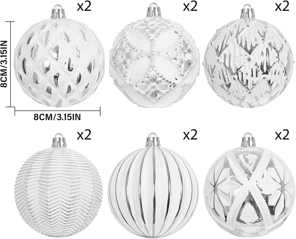 XmasExp Vintage Rustic Christmas Ball Ornaments Sets Neutral Christmas Ornaments Farmhouse Shatterproof Large Hanging Balls Tree Decorations for Xmas Xmas Home Party（Silver White, 12Pcs