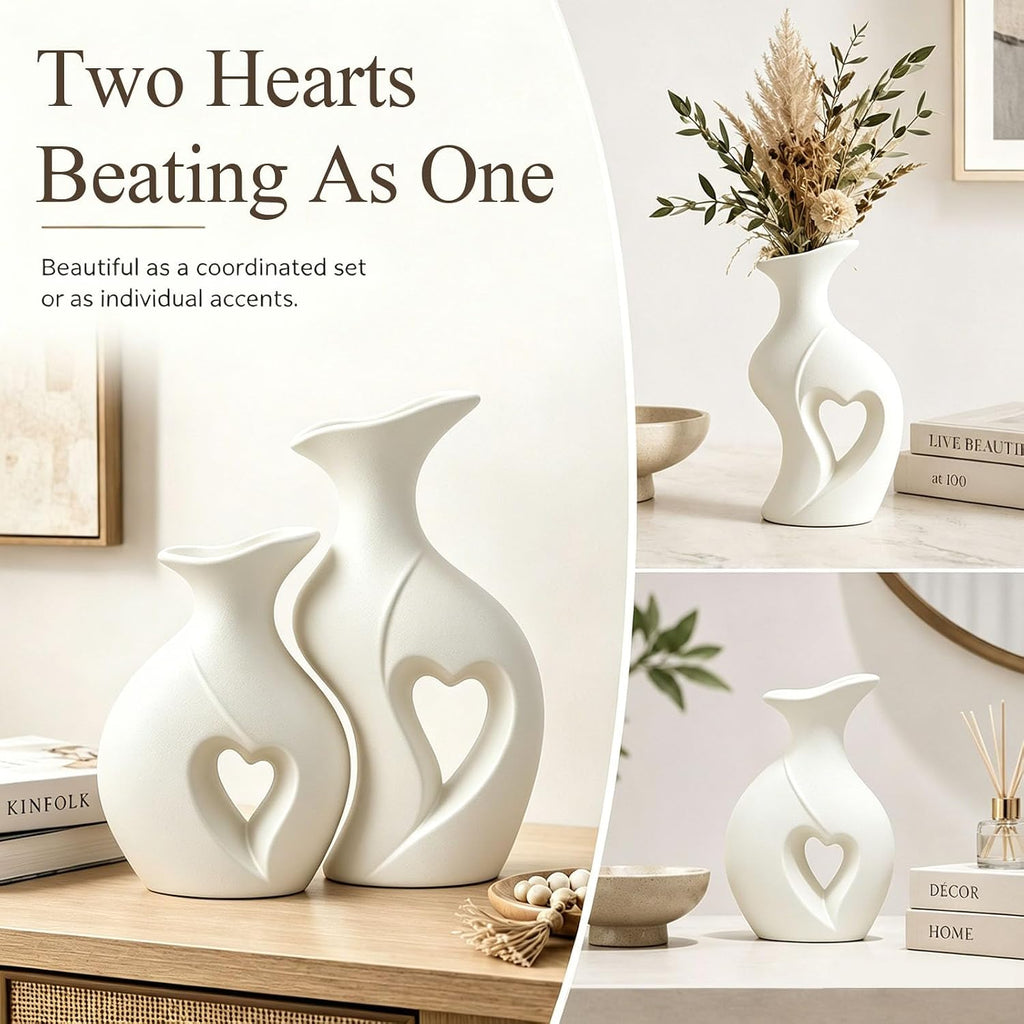 Heart Shaped Ceramic Vases Wabi Sabi Boho Flower Vase Set (White)