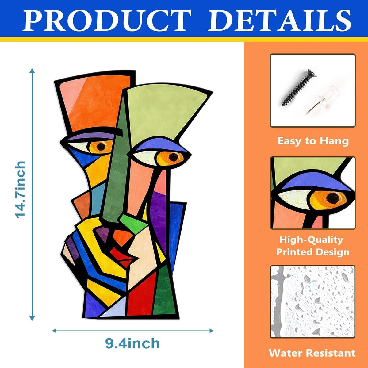 Kercan Colorful Metal Wall Art, 9.4 x 14.7 Inch Abstract Face Wall Decor, Quirky Funny Metal Wall Hanging, Vibrant Modern Art for Bathroom, Living Room, Bedroom, Apartment, Eclectic Home Decor