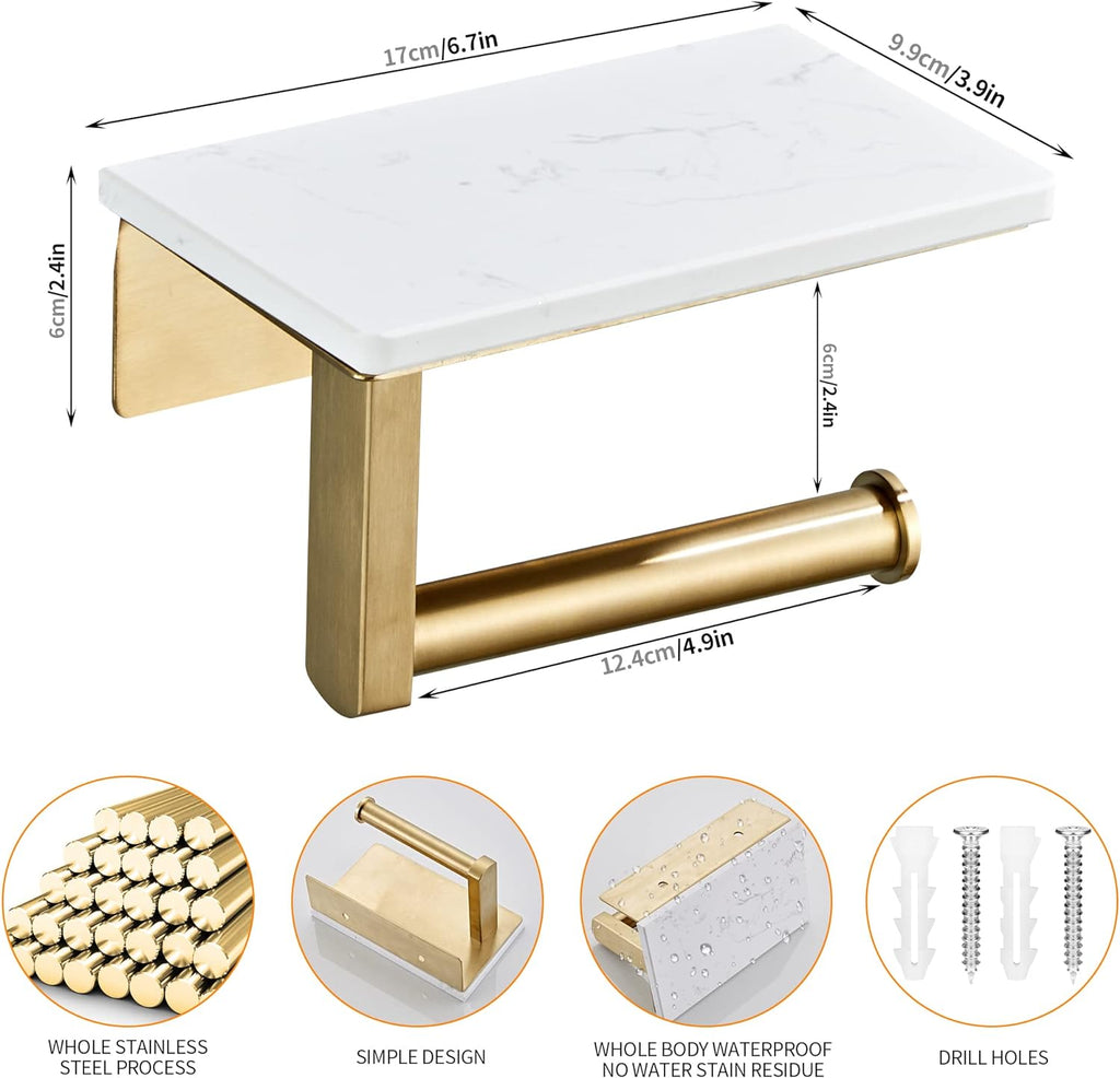 Brushed Gold Toilet Paper Holder with Marble-Look Shelf, Wall Mounted SUS304 Stainless Steel Toilet Roll Holder with Phone Storage