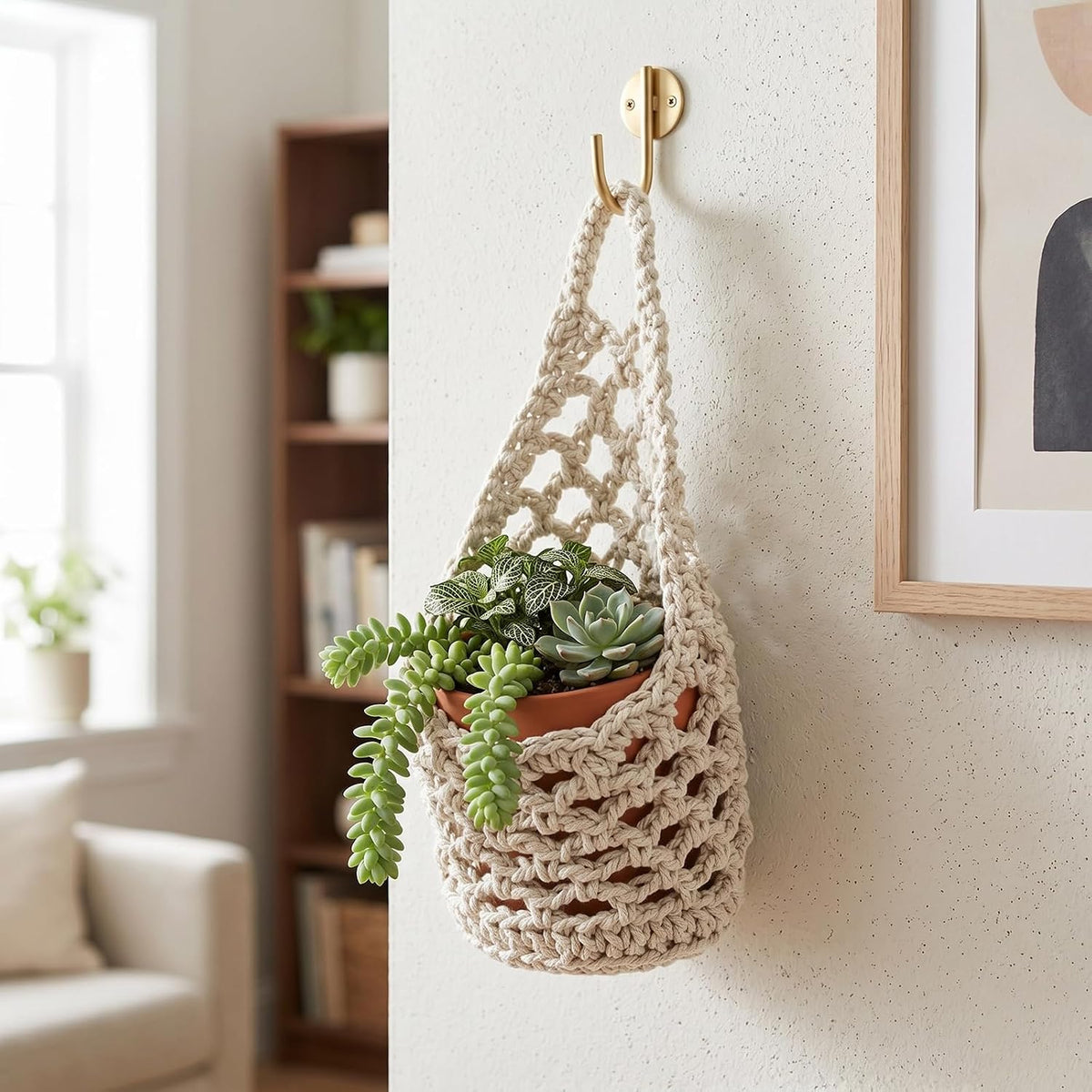 2 Pack 4-inch Macrame Wall Plant Hanger Hanging Planters, Beige