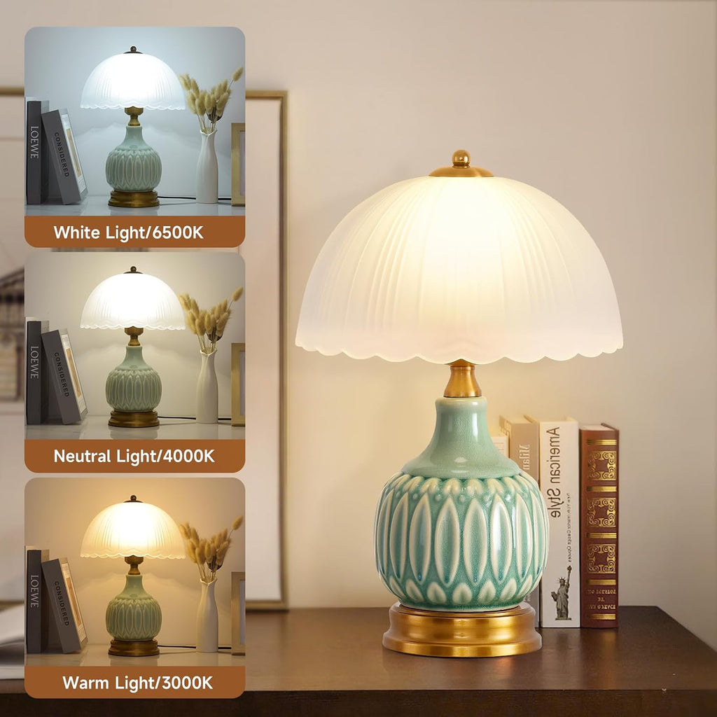 Table Lamps Ceramic Retro Lamp for Living Room,15." Modern Bedside Nightstand Traditional Lamps, Classic Chinoiserie Green Glass Lamp for Home (Retro)