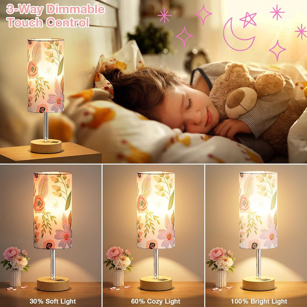 Dicoool Touch Bedside Table Lamp with USB - 3 Way Dimmable Floral Lamp for Bedroom Nightstand, Desk Lamp with Charging Station for Dorm, Living Room, Office, Kids Room, Small, 14in