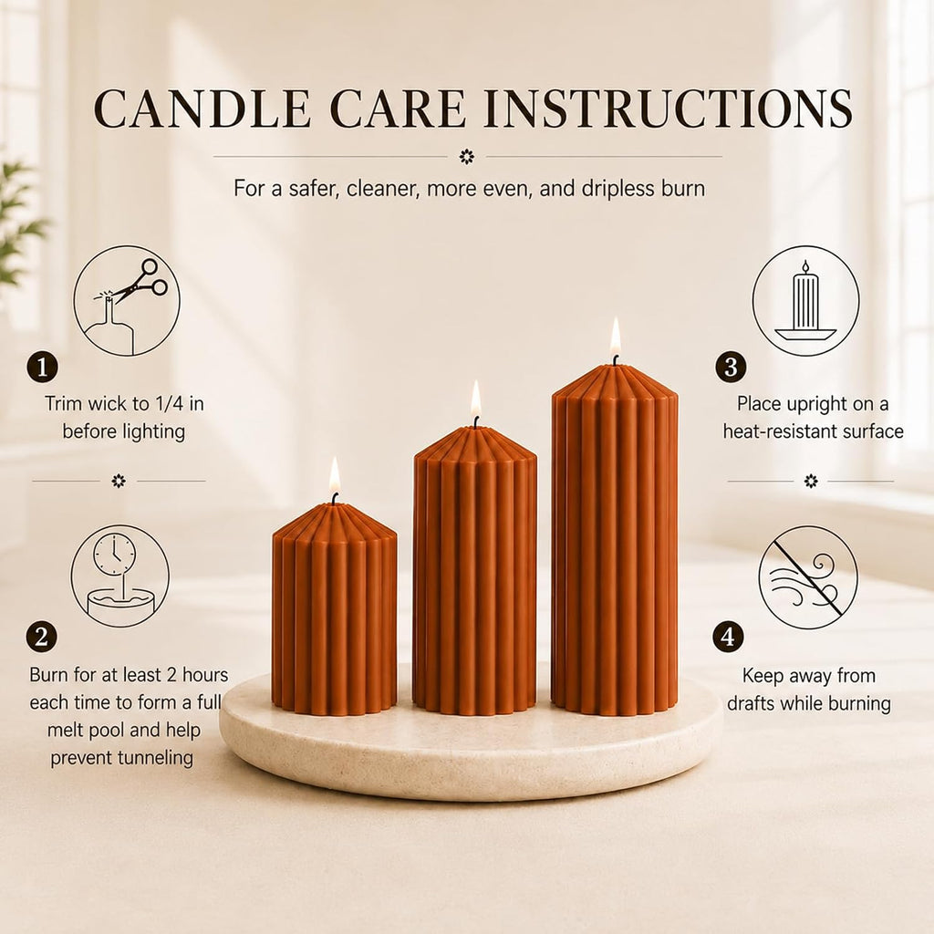 Ribbed Decorative Pillar Candles, 3 Pack,2.8 x 4/6/8 Inch, Burnt Orange