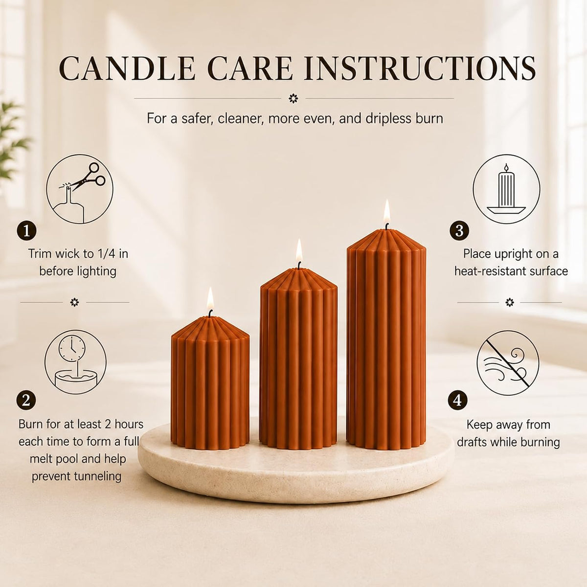 Ribbed Decorative Pillar Candles, 3 Pack,2.8 x 4/6/8 Inch, Burnt Orange