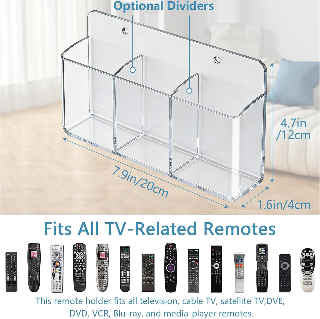 3 Slot Adjustable Remote Control Holder Wall Mount, TV Remote Box Hollow Bottom Slot Easy Phone Charging, Self Adhesive Remote Holder,Wall Pen Holder Storage for Home Office School (Clear)