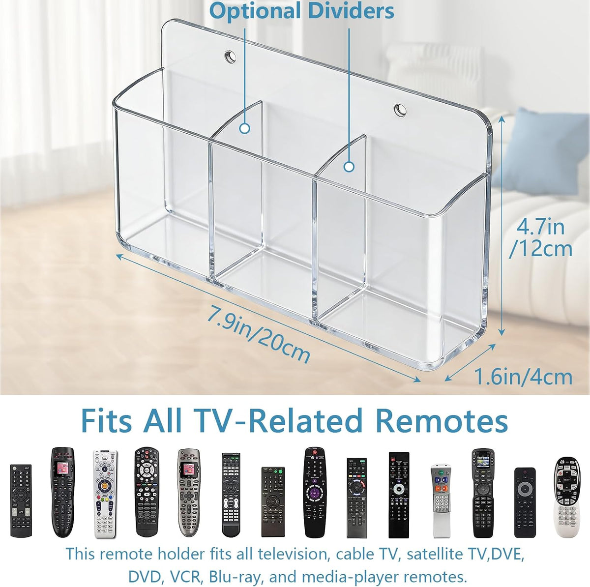 3 Slot Adjustable Remote Control Holder Wall Mount, TV Remote Box Hollow Bottom Slot Easy Phone Charging, Self Adhesive Remote Holder,Wall Pen Holder Storage for Home Office School (Clear)