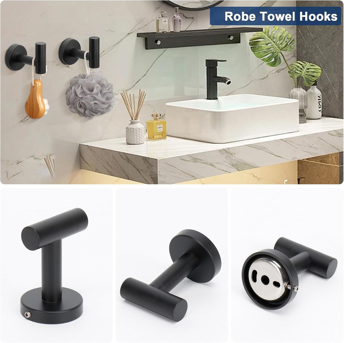 NearMoon 10 Pieces Bathroom Hardware Set SUS304 Thicken Stainless Steel-Towel Rack Kit Include 26" Towel Rod + Bath Towel Ring + Toilet Paper Holder + Robe Towel Hooks Bath Accessories (Matte Black)