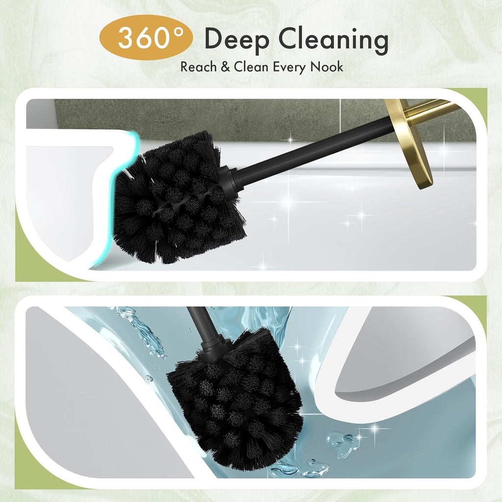 Toilet Bowl Brush and Holder Set 2 Pack with 4 Extra Brush Heads (Gold)