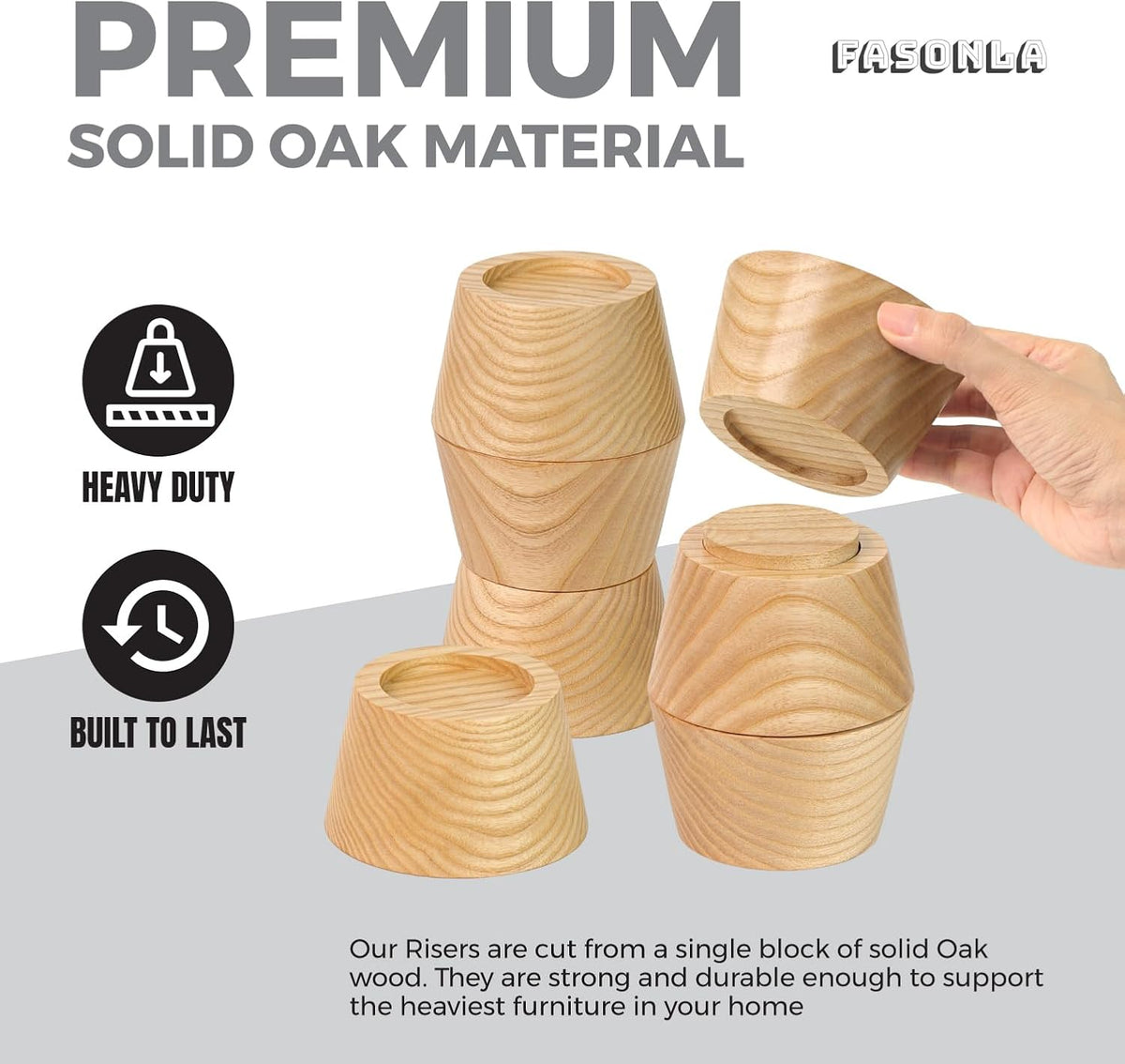 FASONLA Bed Risers (Set of 4) Furniture Risers Lifts Height 2", Oak Solid Wooden Risers for Bed, Furniture Risers with Non-Slip Recessed Hole (Monolithic Wood, 4pcs-2" Hight-Natural)