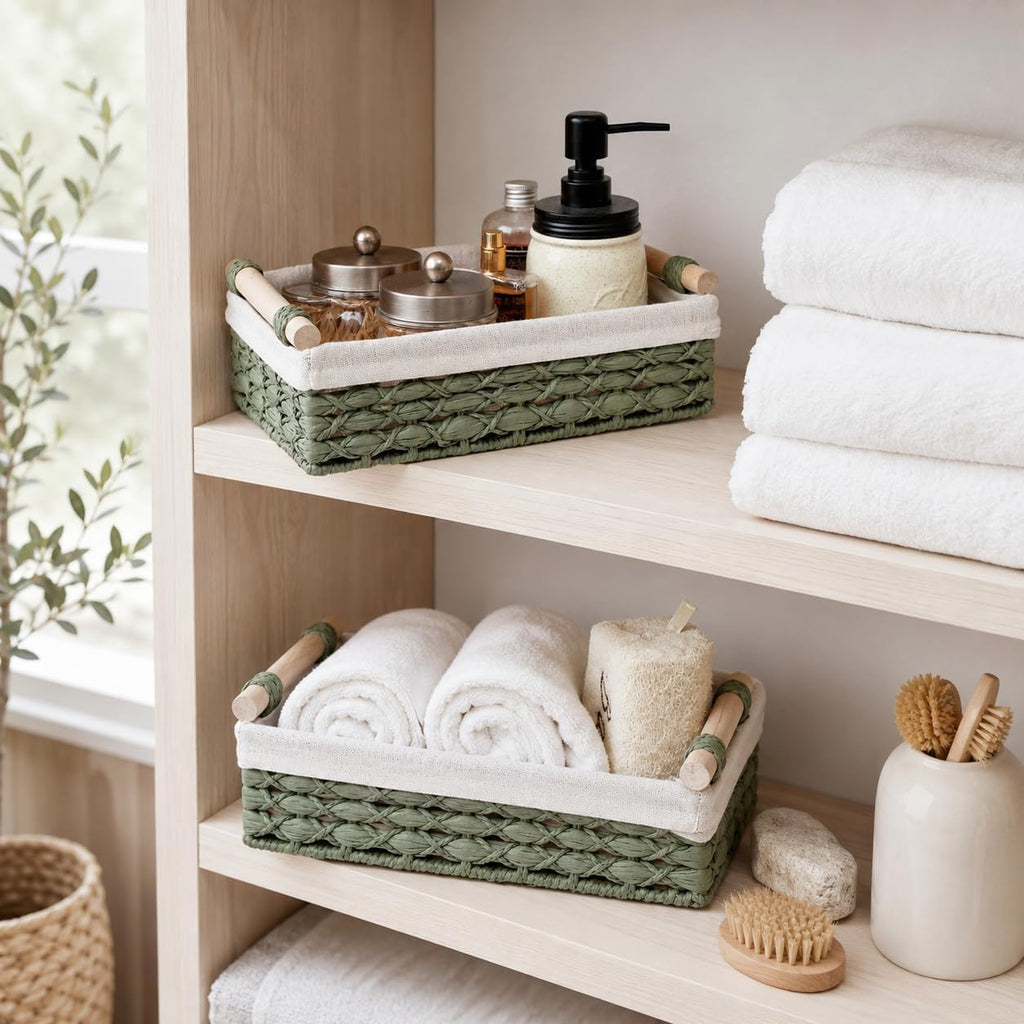 Sage Green Bathroom Baskets Set of 2, Paper Rope, Wood Handles