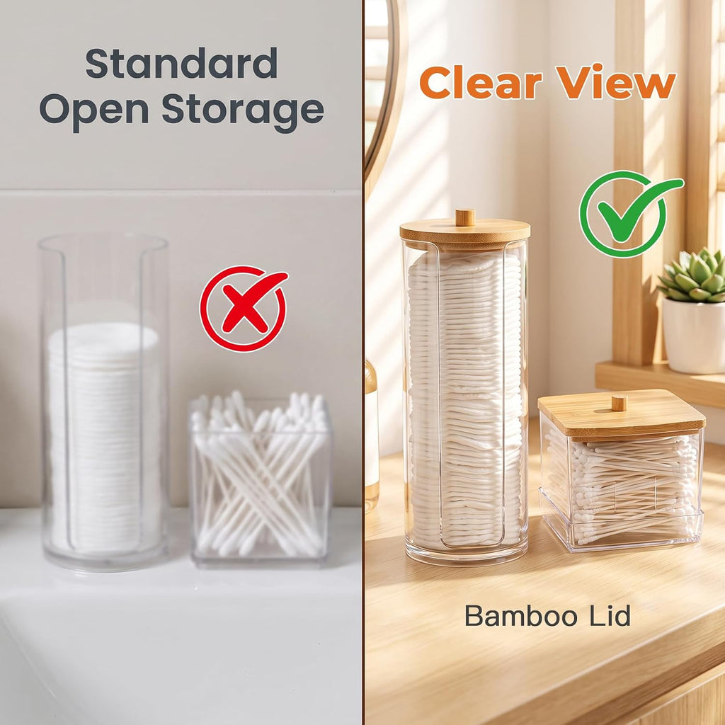 2 Pcs Cotton Pad Holder, Bathroom Makeup Organizers Containers for Cotton Ball/Swab/Round Pads/Floss/Hair Ties Canister Vanity Storage Jars Dispenser Holder wuth Bamboo Lid