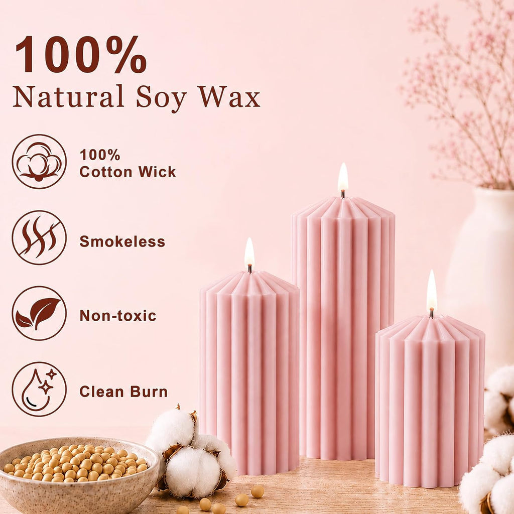 Ribbed Decorative Scented Pillar Candles, 3 Pack,2.8 x 4/6/8 Inch, Pink