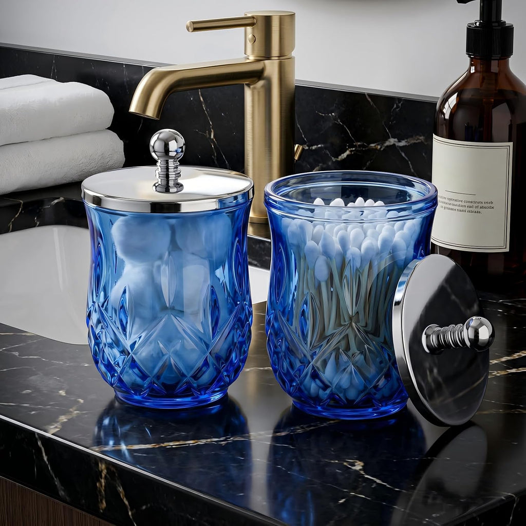 2 Pack 10Oz Blue Q-Tip Holder, Round Thick Glass