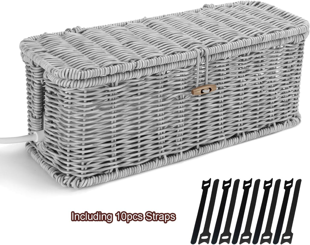 Cable Management Box, Desk Handwoven Rattan Cord Hider Cable Organizer Box With Lid Button Lock, Power Strip Cover Wicker Decorative Basket, Floor Wire Hiding Extension Cord Box (grey)