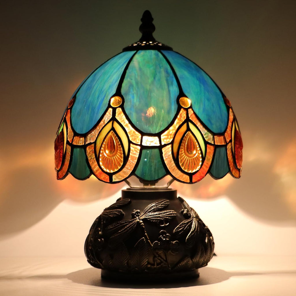Small Tiffany Mushroom Table Lamp,Mini Memory Sympathy Antique lamp 8X11 Inch (Peacock Crystal)