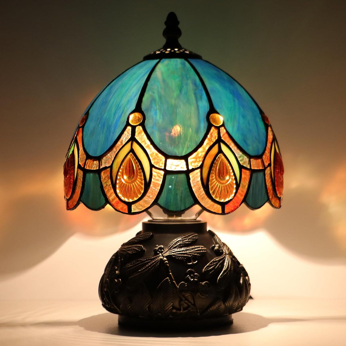 Small Tiffany Mushroom Table Lamp,Mini Memory Sympathy Antique lamp 8X11 Inch (Peacock Crystal)