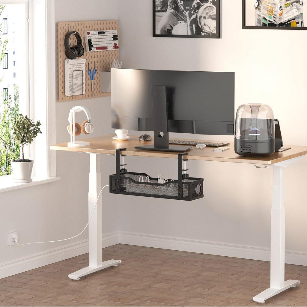 Under Desk Cable Management Large, Cinati 16" Cable Management Box for Table Thickness up to 3", Wire Cord Organizer with Clamp No Drill, No Damage to Desk (Black)