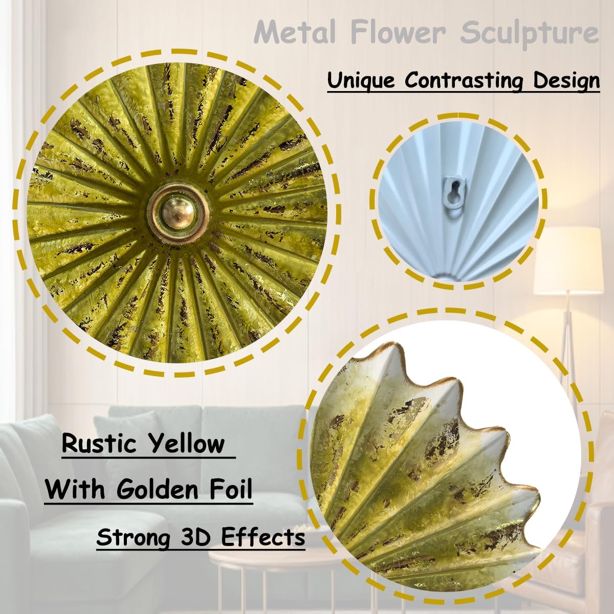 Metal Wall Sculpture, 11.4'' Vintage Yellow Gold Sunburst Wall Art Decor