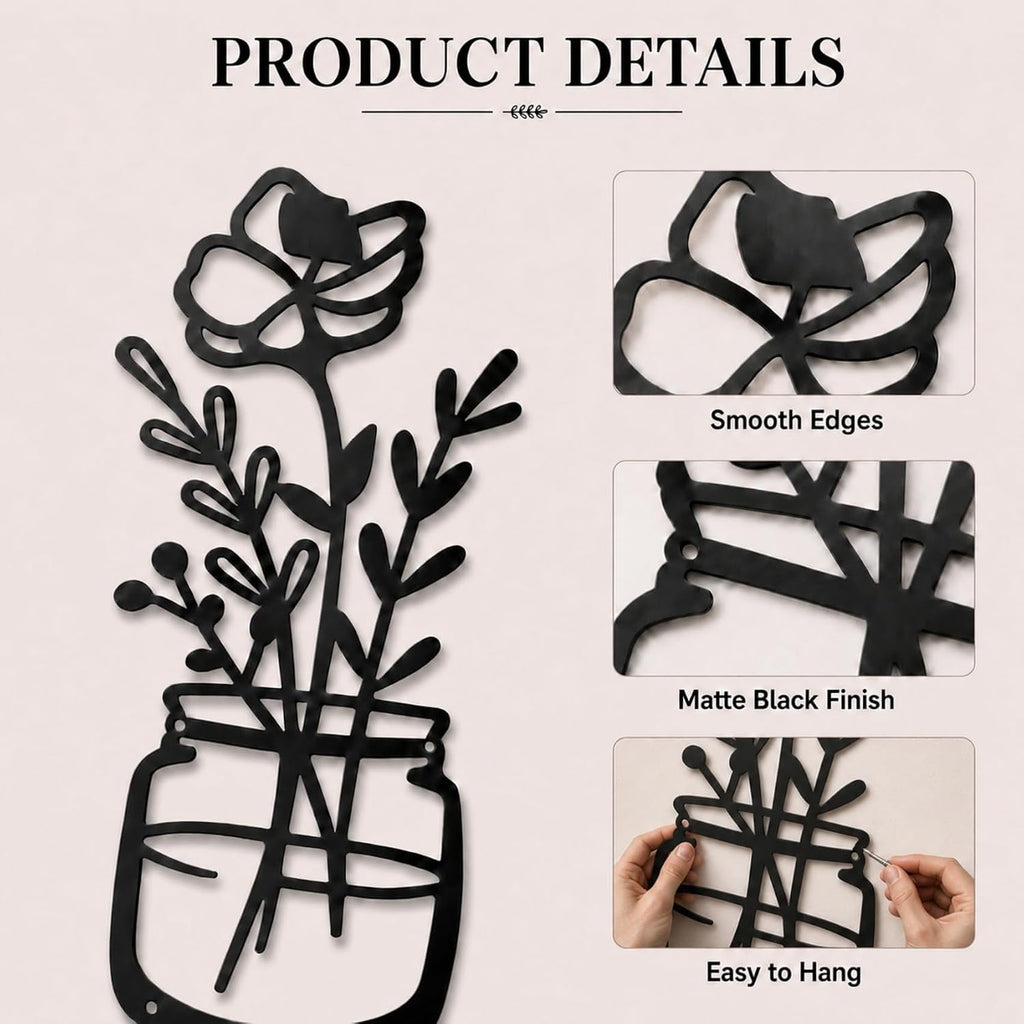 qzmaikoo 3 Pieces Black Metal Flower Wall Decor, Floral Vase Wall Art, Farmhouse Metal Wall Hanging for Bathroom Kitchen Bedroom Hallway