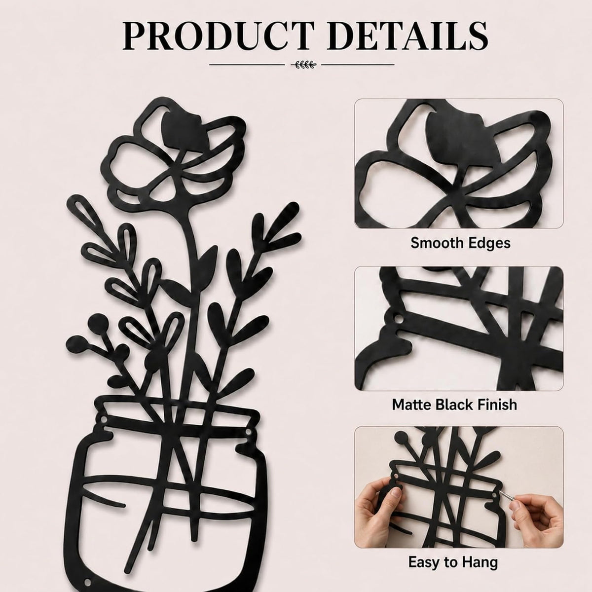 qzmaikoo 3 Pieces Black Metal Flower Wall Decor, Floral Vase Wall Art, Farmhouse Metal Wall Hanging for Bathroom Kitchen Bedroom Hallway