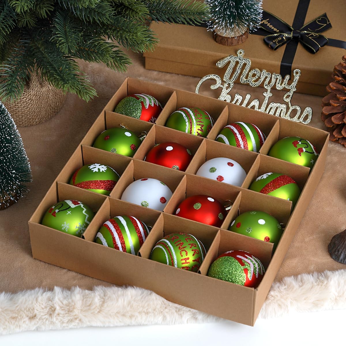 16 Christmas Tree Balls Ornaments Decoration 2.36'', Sparkly Red and Green