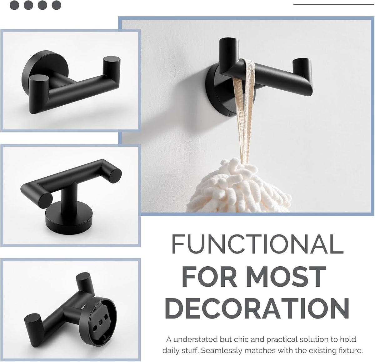 Angle Simple Double Towel Hook for Bathroom, Robe Coat Hook, Matte Black