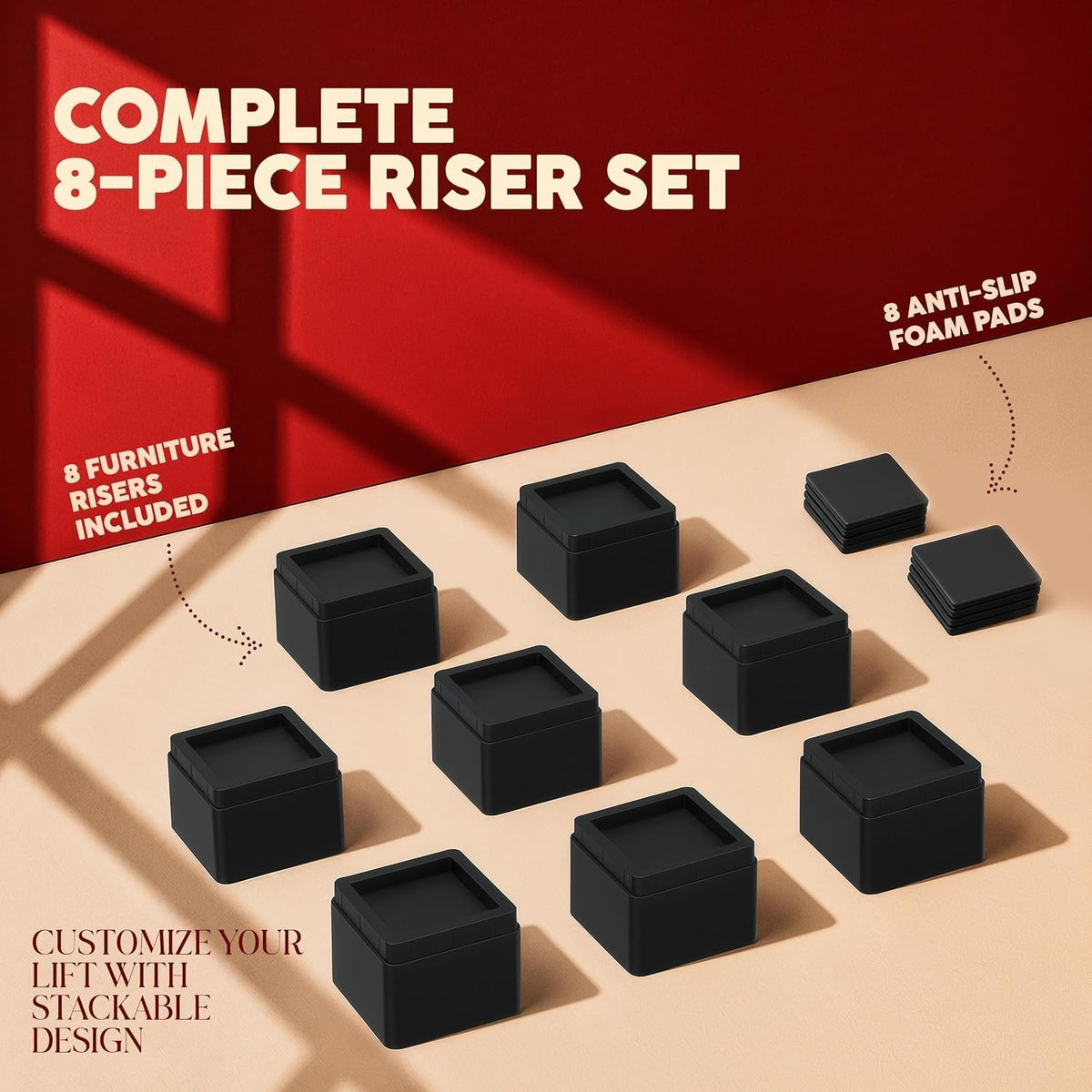 Utopia Bedding Adjustable Bed Risers 3 Inch, Black, 8-Pack