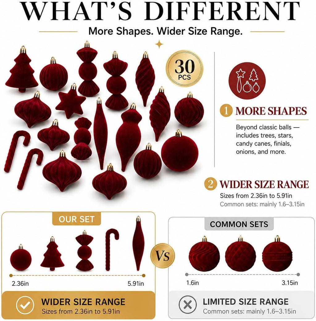30PCS Green Velvet Christmas Ornaments Set,Flocked Ornaments Balls for Tree