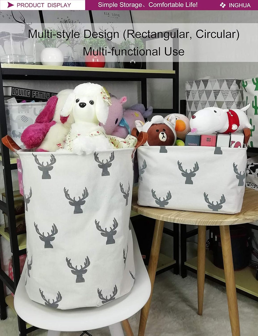 Laundry Hamper Large Canvas Fabric Storage Basket Grey deer